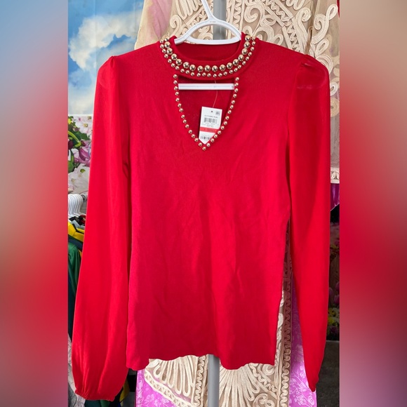 New INC Inter Concepts studs sweater top tunic blouse xs red 0 2 Christmas 🎁 - Picture 1 of 5